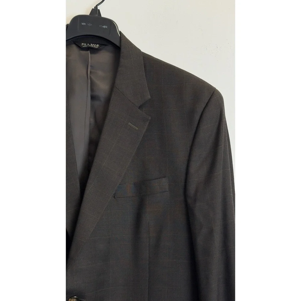 Jos A Bank Mens 46R Blazer‎ 100% Wool Brown Windowpane Check Sport Coat 2 Button